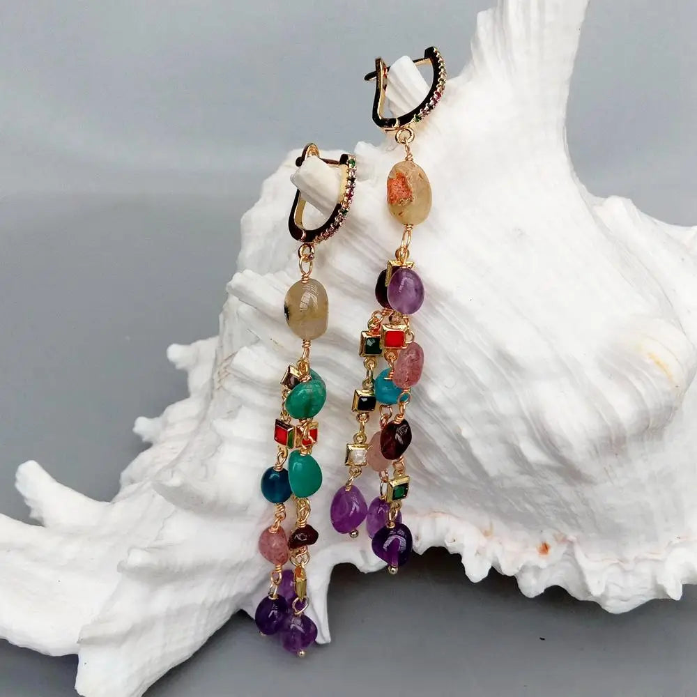 Multi Color Gemstone Dangle Earrings Cz Pave Lever Back Girlfriend Women Gifts