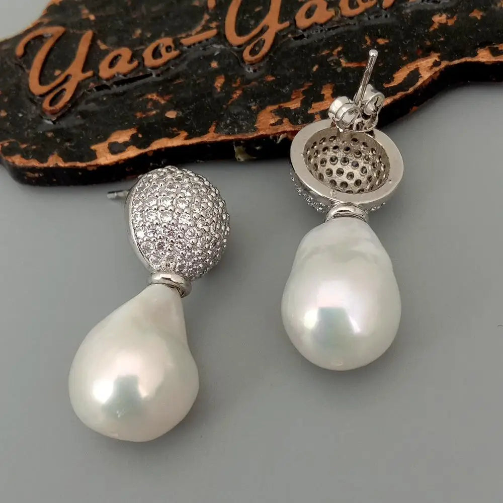 Cultured Freshwater White Baroque Keshi Pearl coin charm Stud Earrings