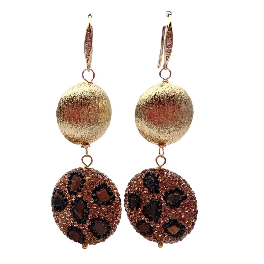 Tiger Eye Crystal Pave Brushed Coin Bead Drop Long Earrings Handmade Jewelry For Women