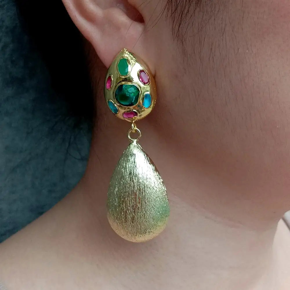 New Big Earrings Green Murano Glass Gold Plated Brushed Teardrop Dangle Stud Earrings