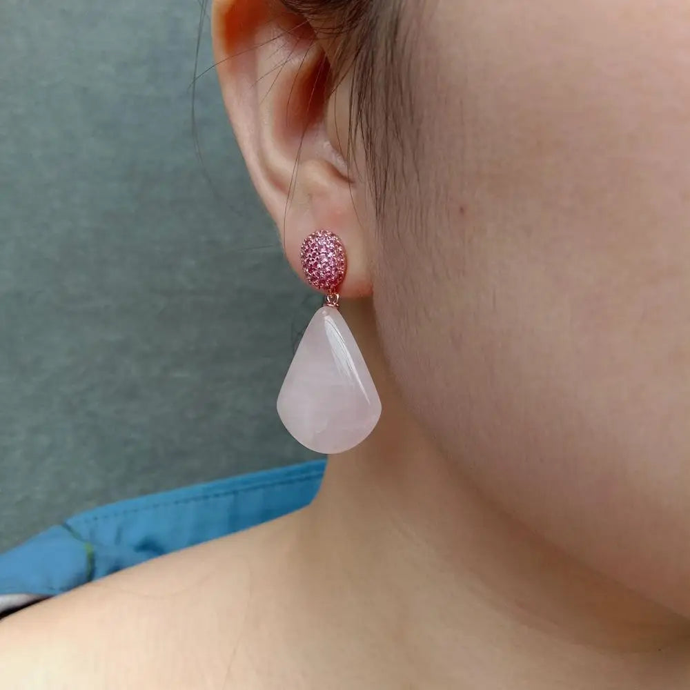 Natural Rose Quartz Drop Stud Earrings Fuchsia Cz Pave Gemstone Stud Earrings
