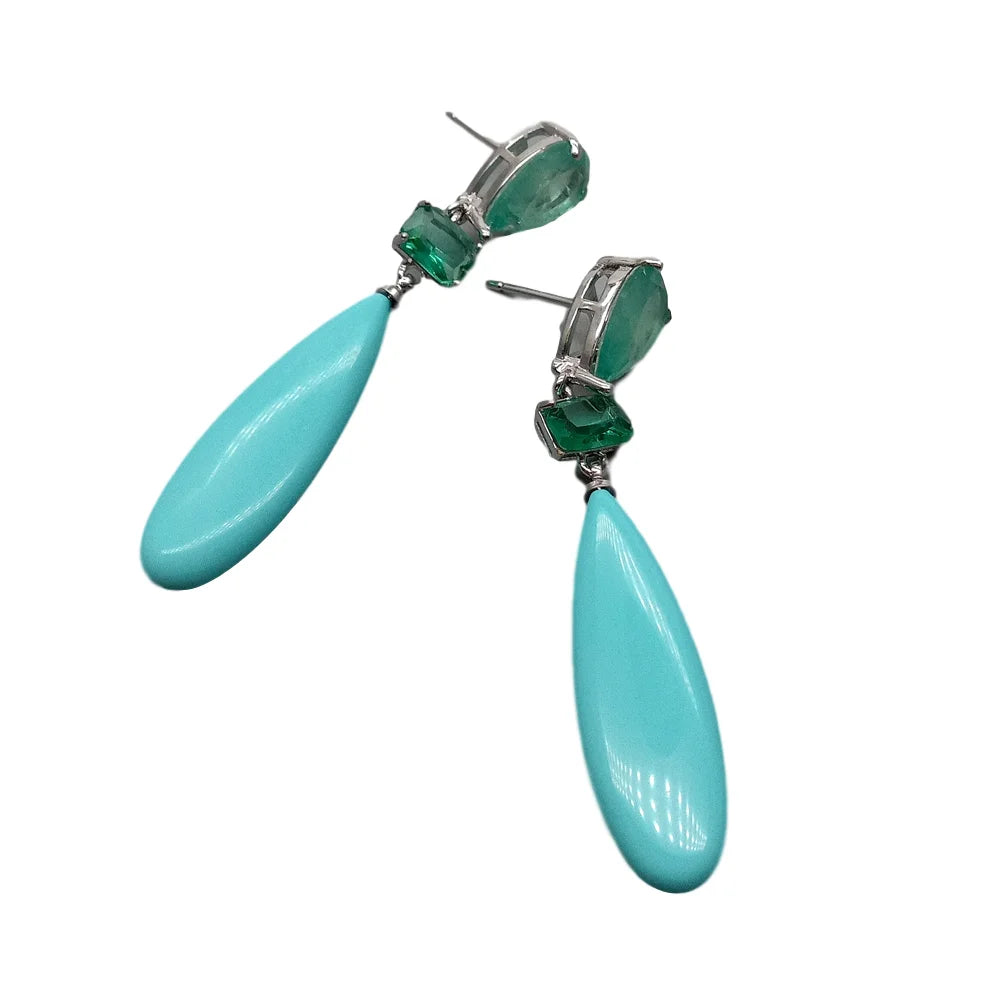Blue Turquoise teardrop Green Crystal pave  Stud Earrings