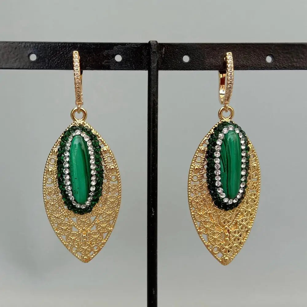 Natural Green Malachite Crystal Pave Dangle Drop Earrings For Women