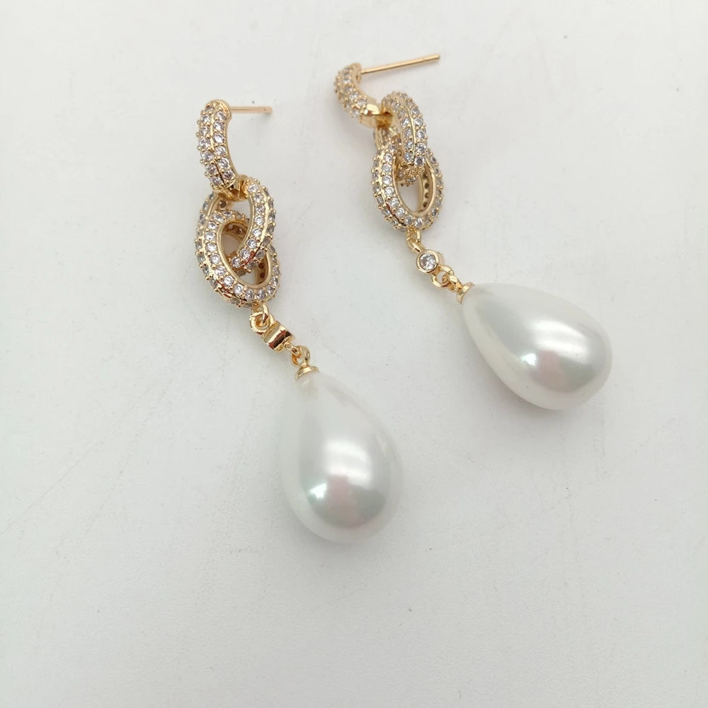 Teardrop White Sea Shell Pearl Cz Pave Post Dangle Earrings