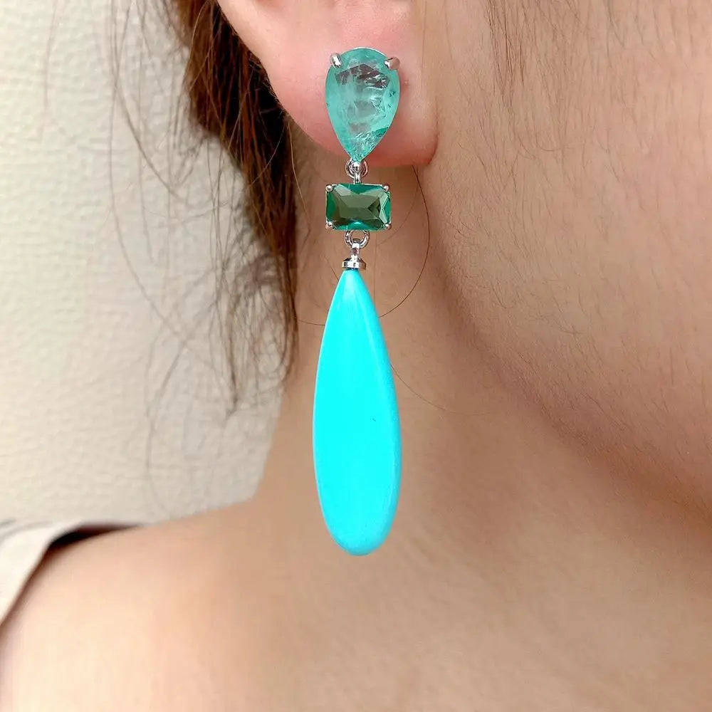 Blue Turquoise teardrop Green Crystal pave  Stud Earrings