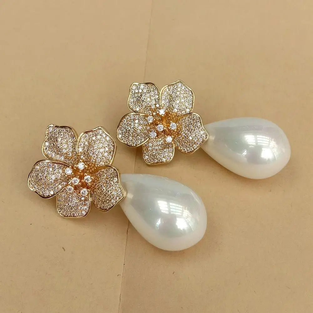 White Sea Shell Pearl Teardrop Shape Drop Earrings Handmade Stud Earring For Women Party Wedding