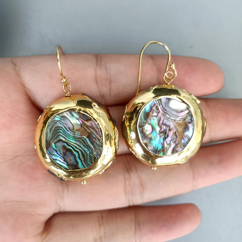 Natural Multi Color Abalone Shell Tourmaline Rough Dangle Earrings Gold Plated Silver Hook