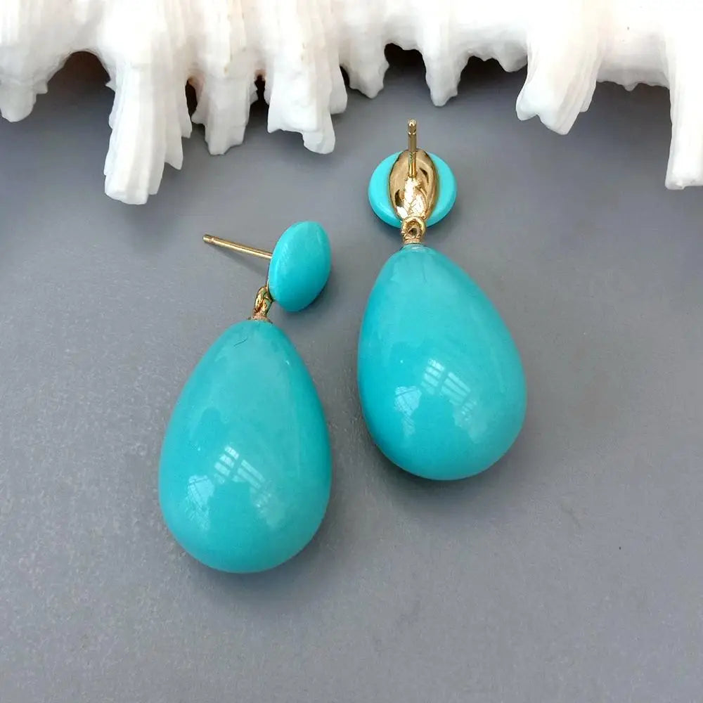 Turquoise Color Mother Of Pearl Long Drop Stud Earrings Gold Plated Jewelry For Women