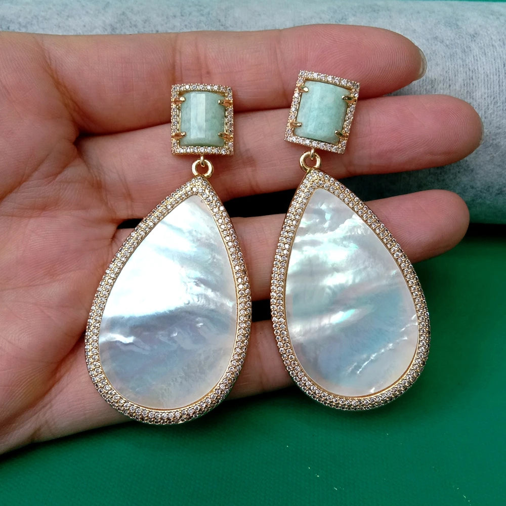 Big White Sea Shell Cz Pave Teardrop Shape Dangle Amazonite Stud Earrings