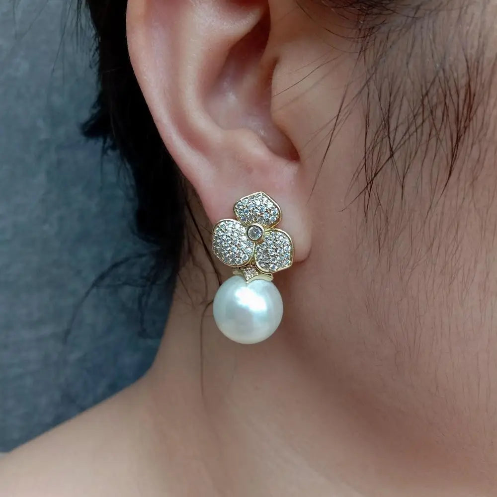 White Sea Shell Pearl Cubic Zirconia Pave Flower Stud Earrings Jewelry For Women Gift