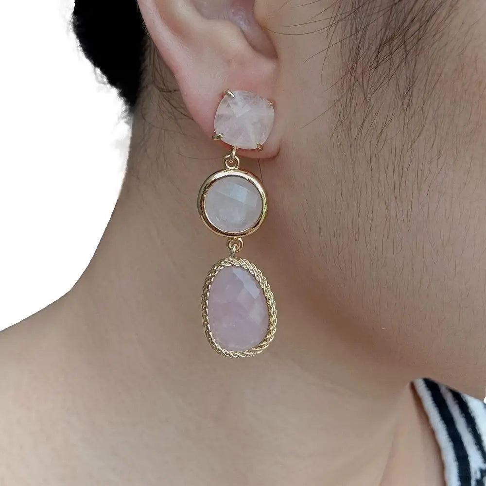 Natural multi shape Pink Rose Quartz  Dangle Stud Earrings