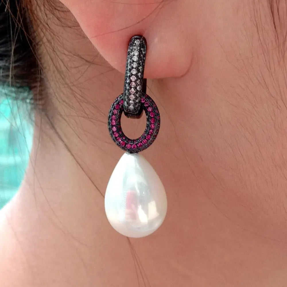 Teardrop White Sea Shell Pearl Red Cz Pave Ring Stud Earrings