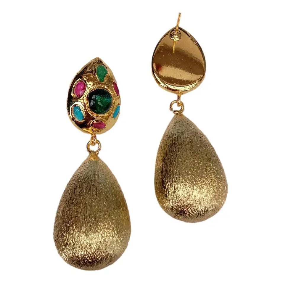 New Big Earrings Green Murano Glass Gold Plated Brushed Teardrop Dangle Stud Earrings