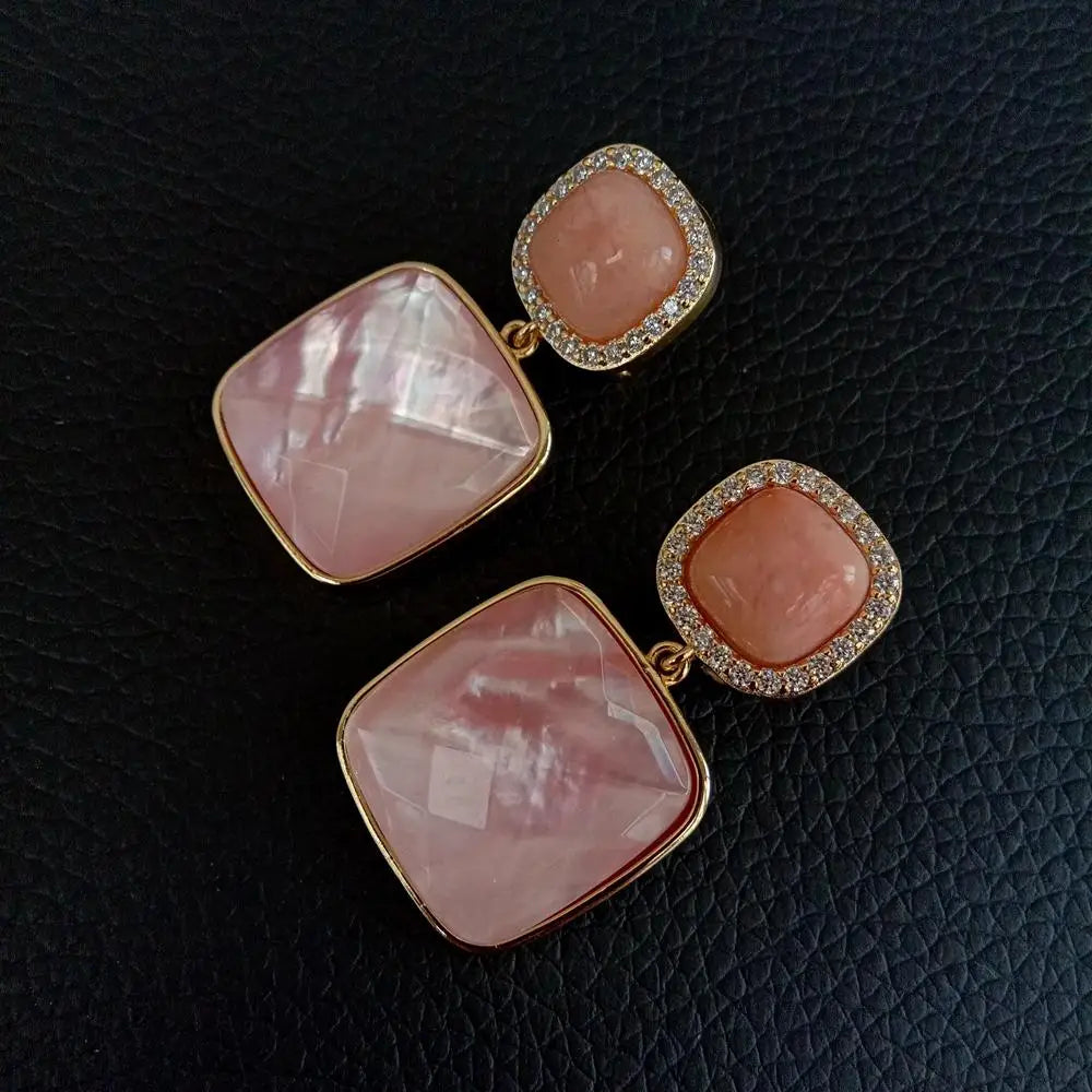 Natural Square Faceted Pink Shell Aventurine Stud Earrings Drop Earrings Women Jewelry