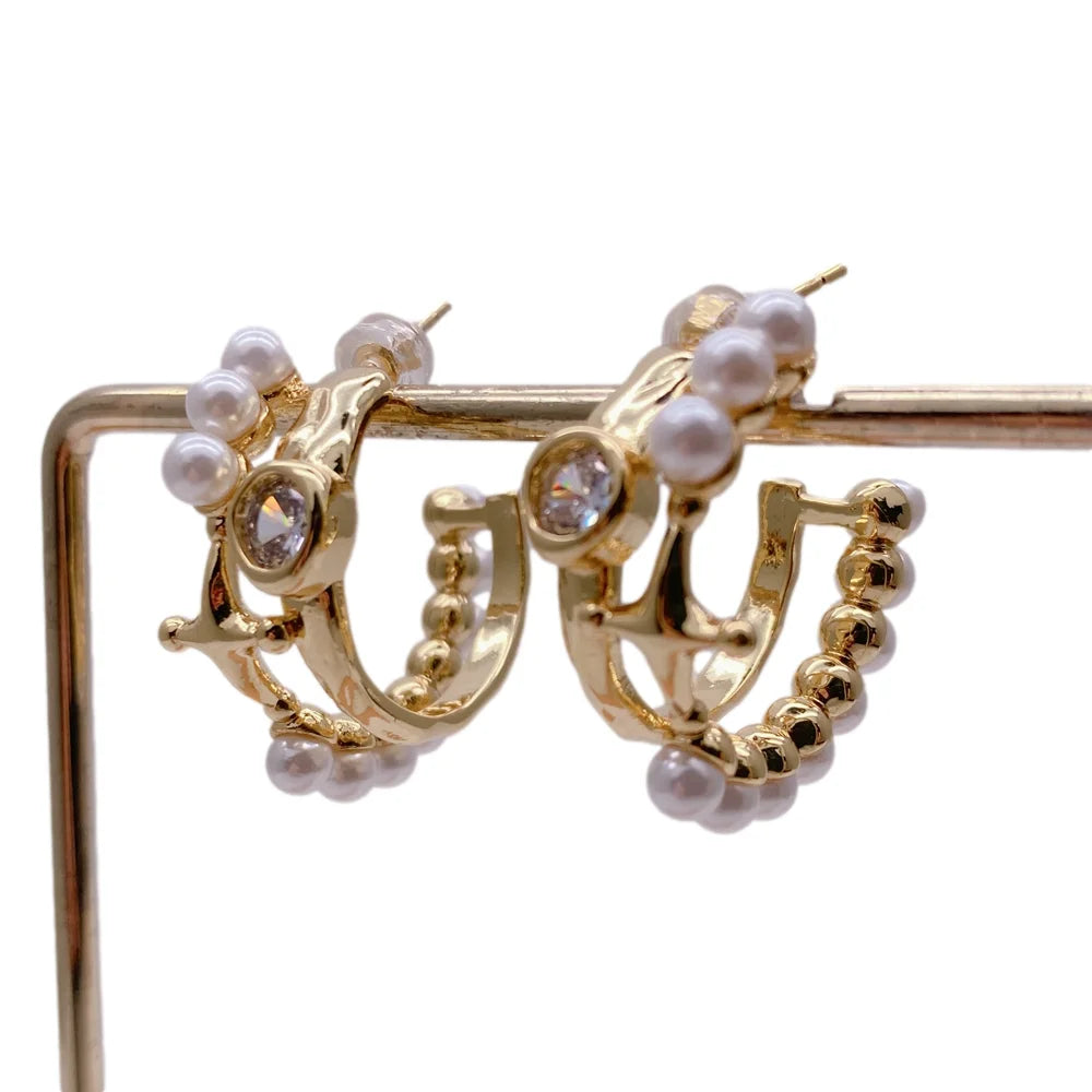 White Sea Shell Pearl Cz Zircon Hoop Stud Earrings Huggie Earring For Wedding Gift