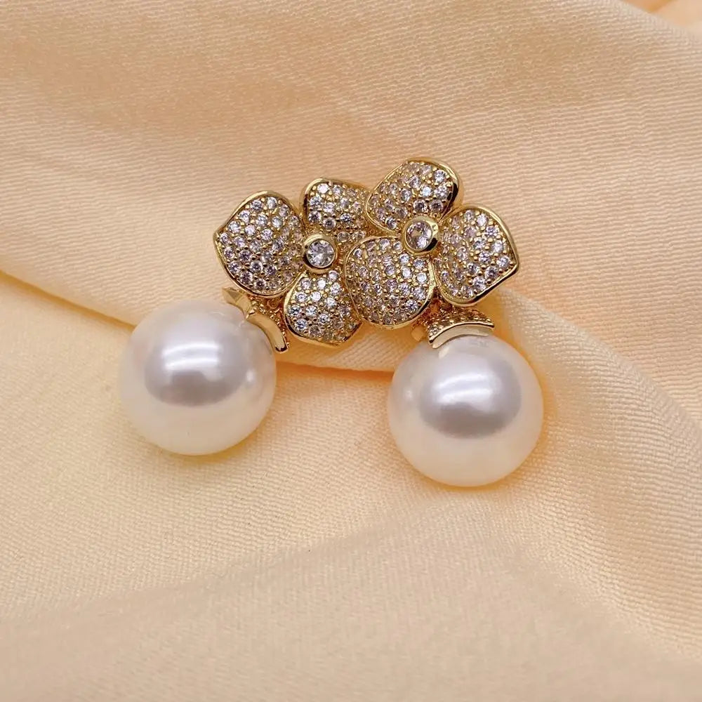 White Sea Shell Pearl Cubic Zirconia Pave Flower Stud Earrings Jewelry For Women Gift