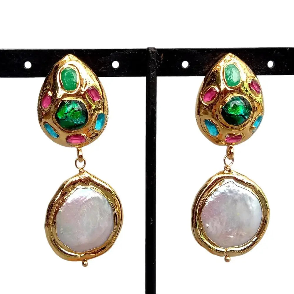 Cultured Pearl Murano Glass Drop Stud Earrings Gold Plated Dangle Earring Women Jewelry