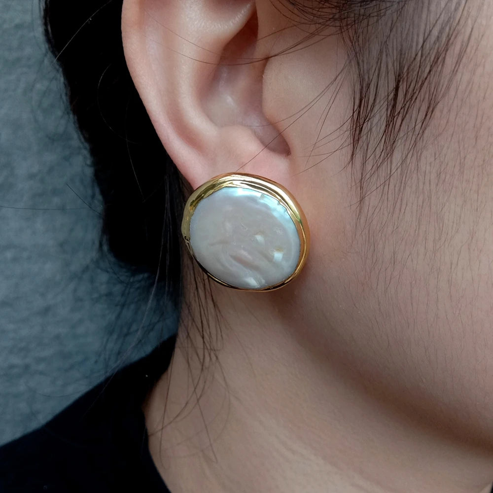 Cultured White Coin Pearl 25mm Big Stud Earrings Wedding Jewelry