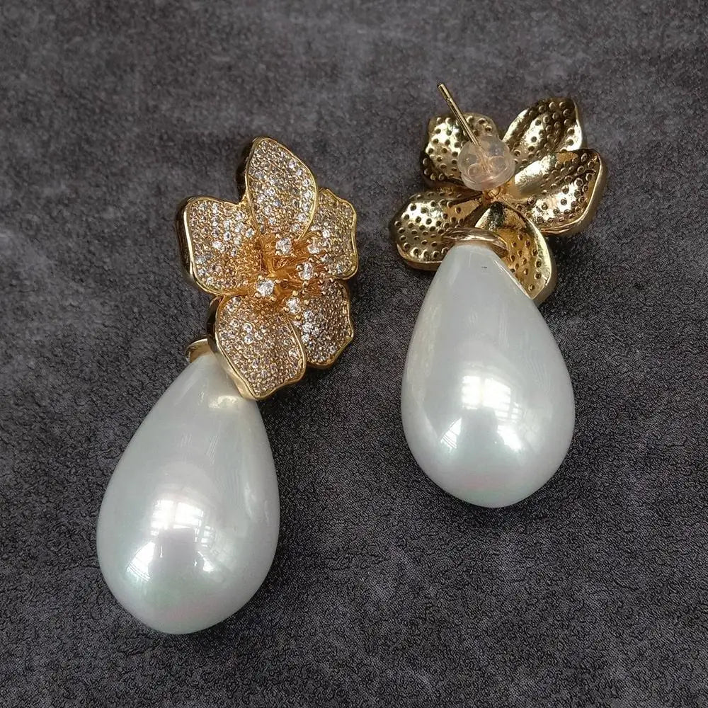 White Sea Shell Pearl Teardrop Shape Drop Earrings Handmade Stud Earring For Women Party Wedding
