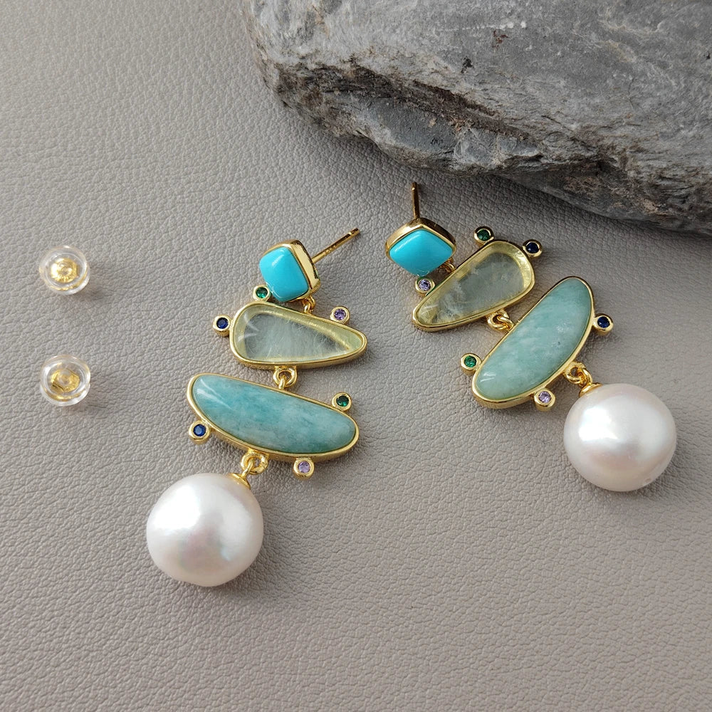 Cultured White Pearl Blue Turquoise Green prehnite Dangle Stud Earrings