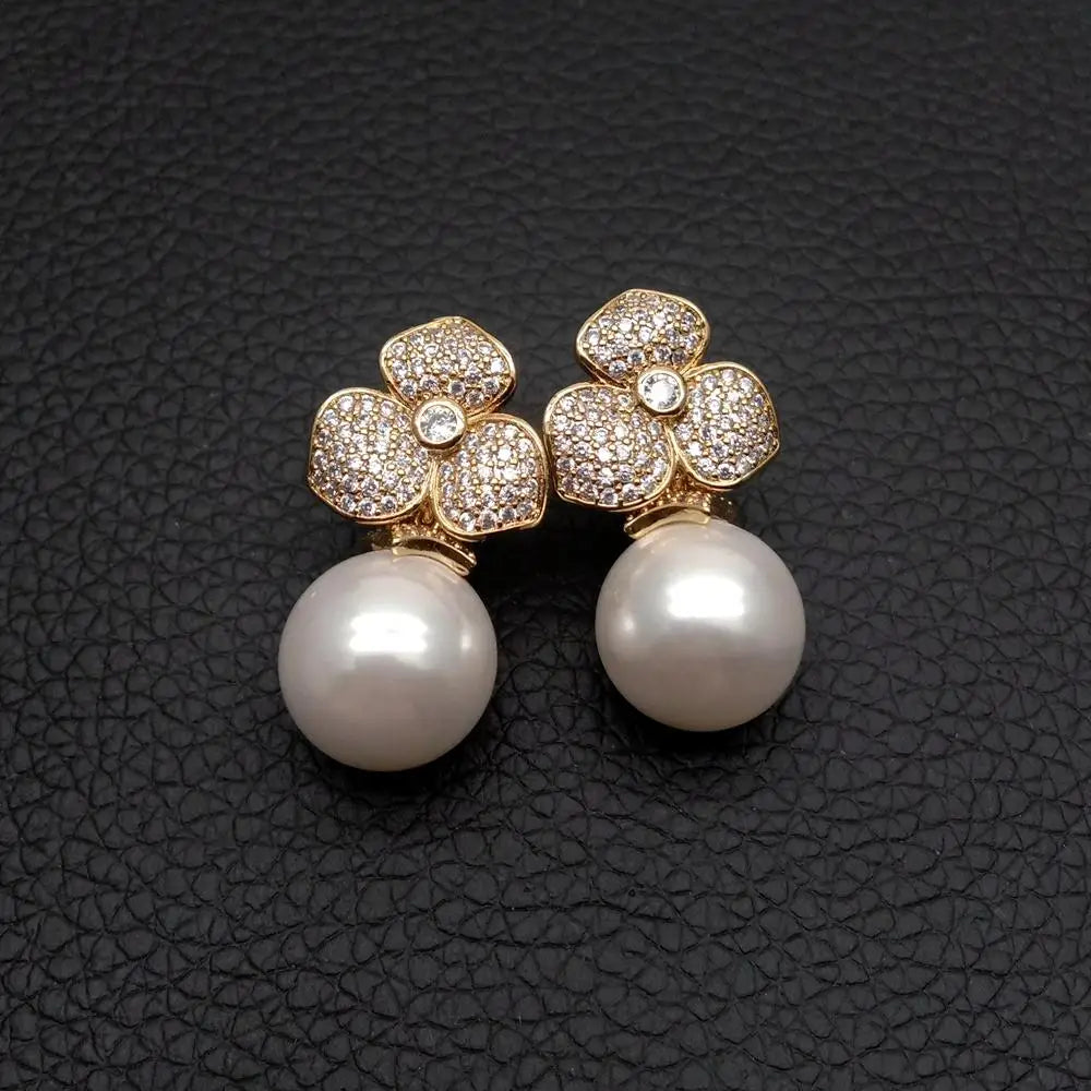 White Sea Shell Pearl Cubic Zirconia Pave Flower Stud Earrings Jewelry For Women Gift