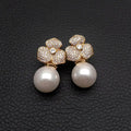 White Sea Shell Pearl Cubic Zirconia Pave Flower Stud Earrings Jewelry For Women Gift