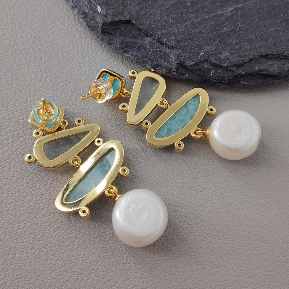 Cultured White Pearl Blue Turquoise Green prehnite Dangle Stud Earrings