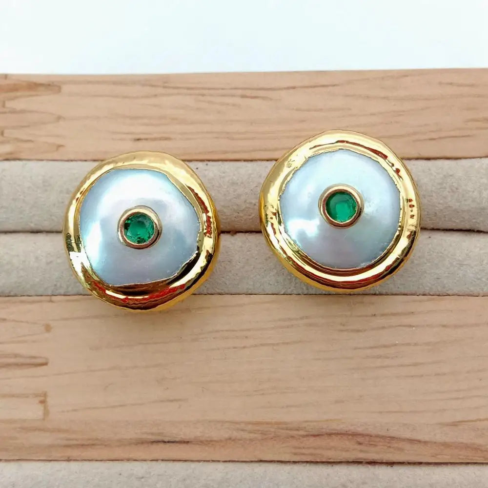 16mm Freshwater White Coin Pearl 24 K Gold Plated Stud Green Cz Earrings