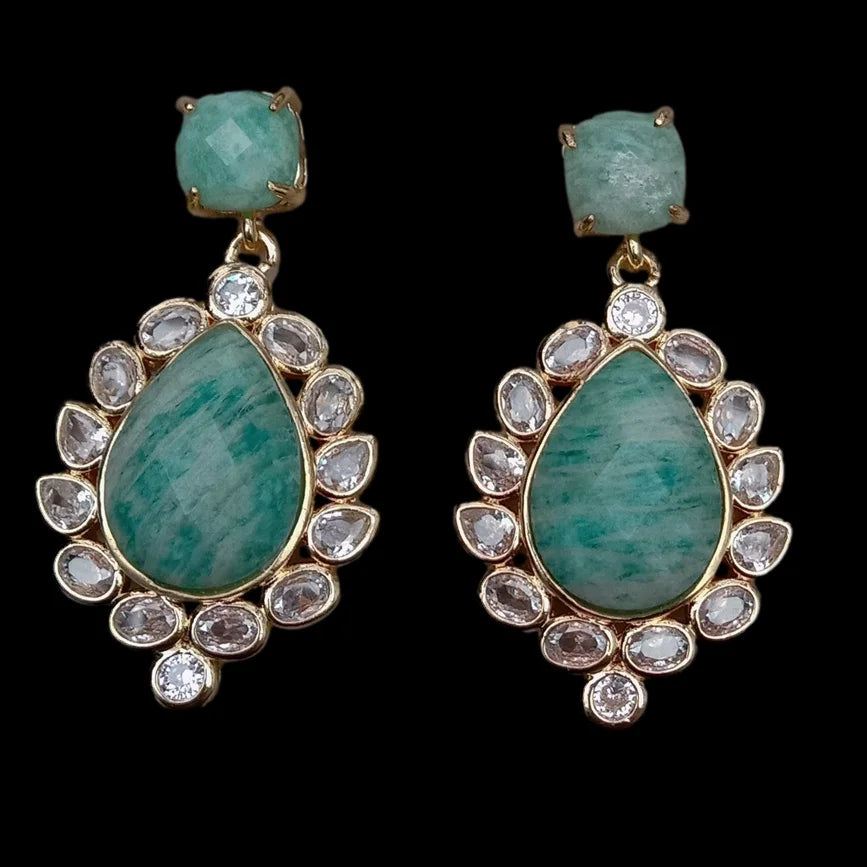 Teardrop Amazonite Dangle Stud Earrings Cz Pave Lady Jewelry Fashion Women Earrings