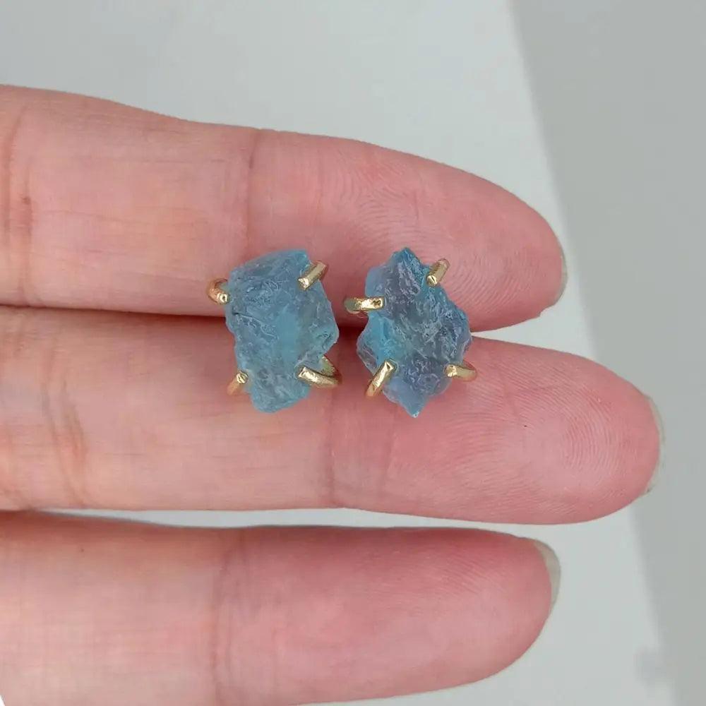 Blue Aquamarine Rough Stud Earrings