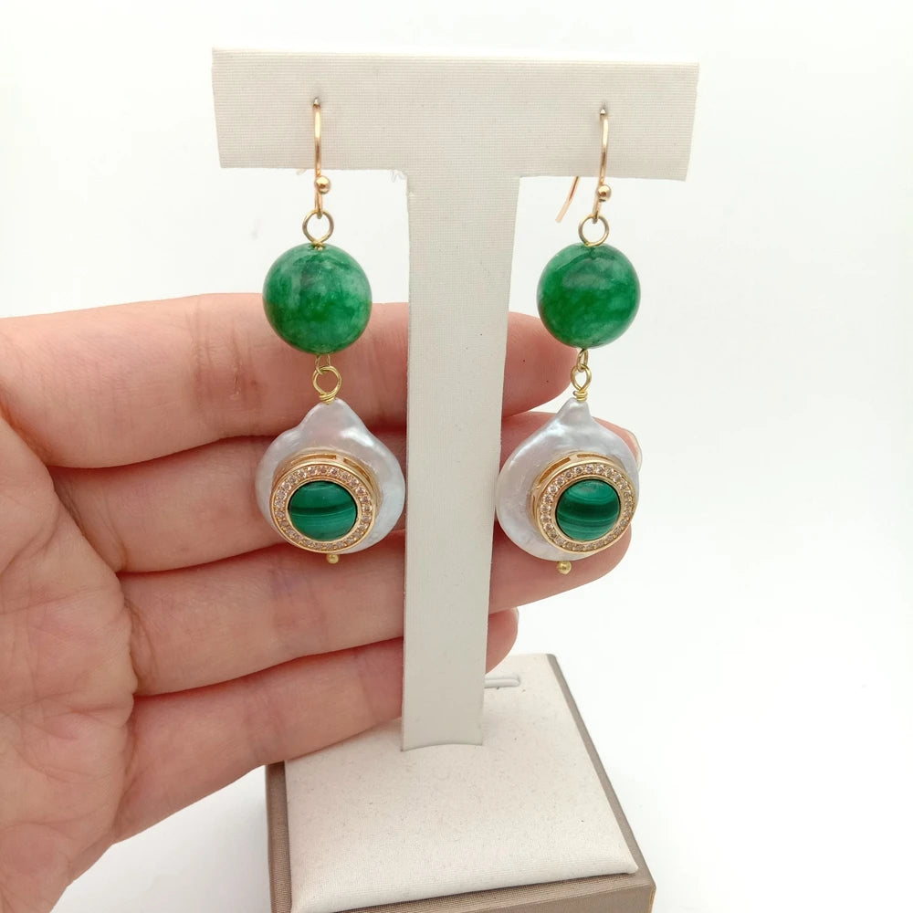 Cultured White CoinPearl Green Jade CZ Pave Malachite Hook Earrings