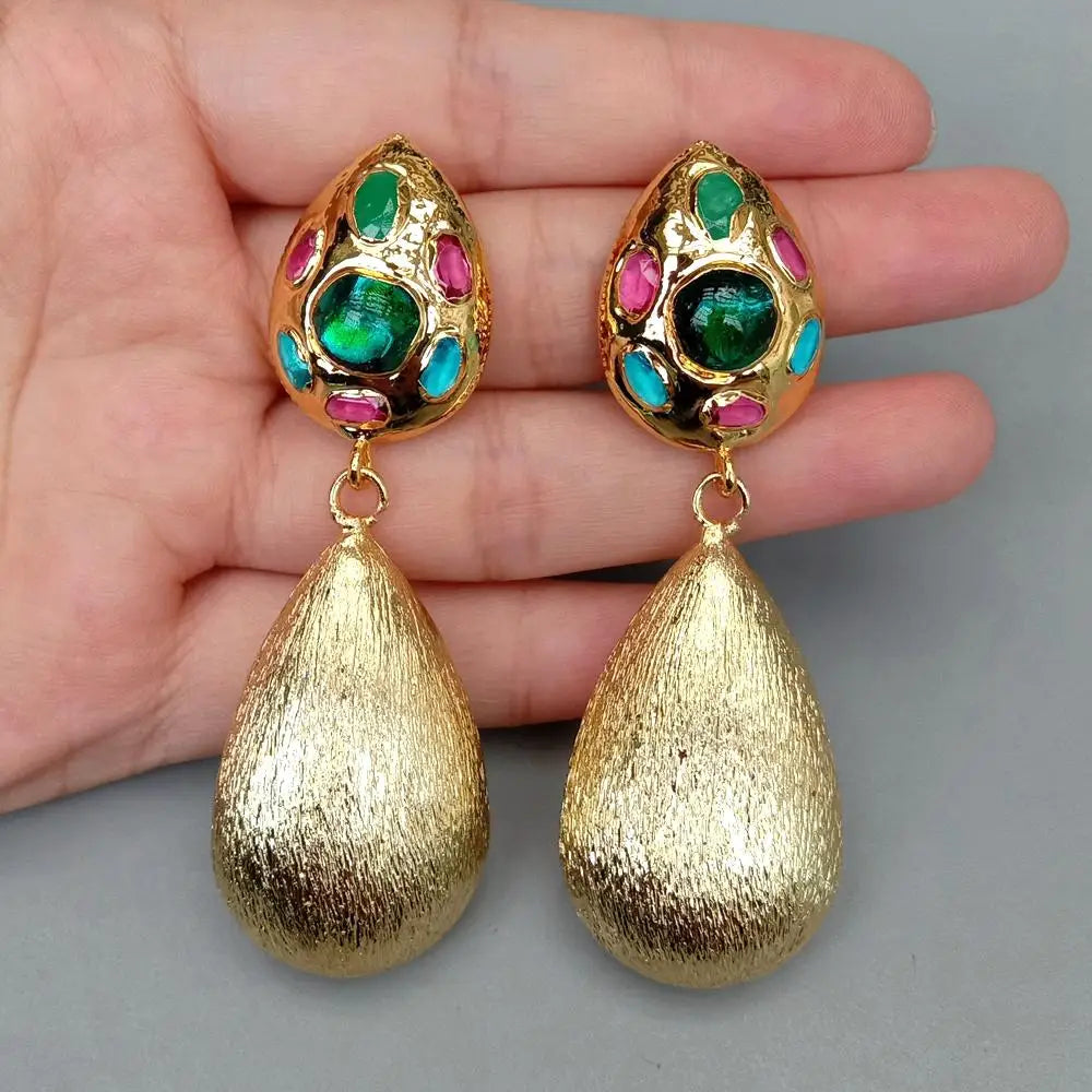 New Big Earrings Green Murano Glass Gold Plated Brushed Teardrop Dangle Stud Earrings