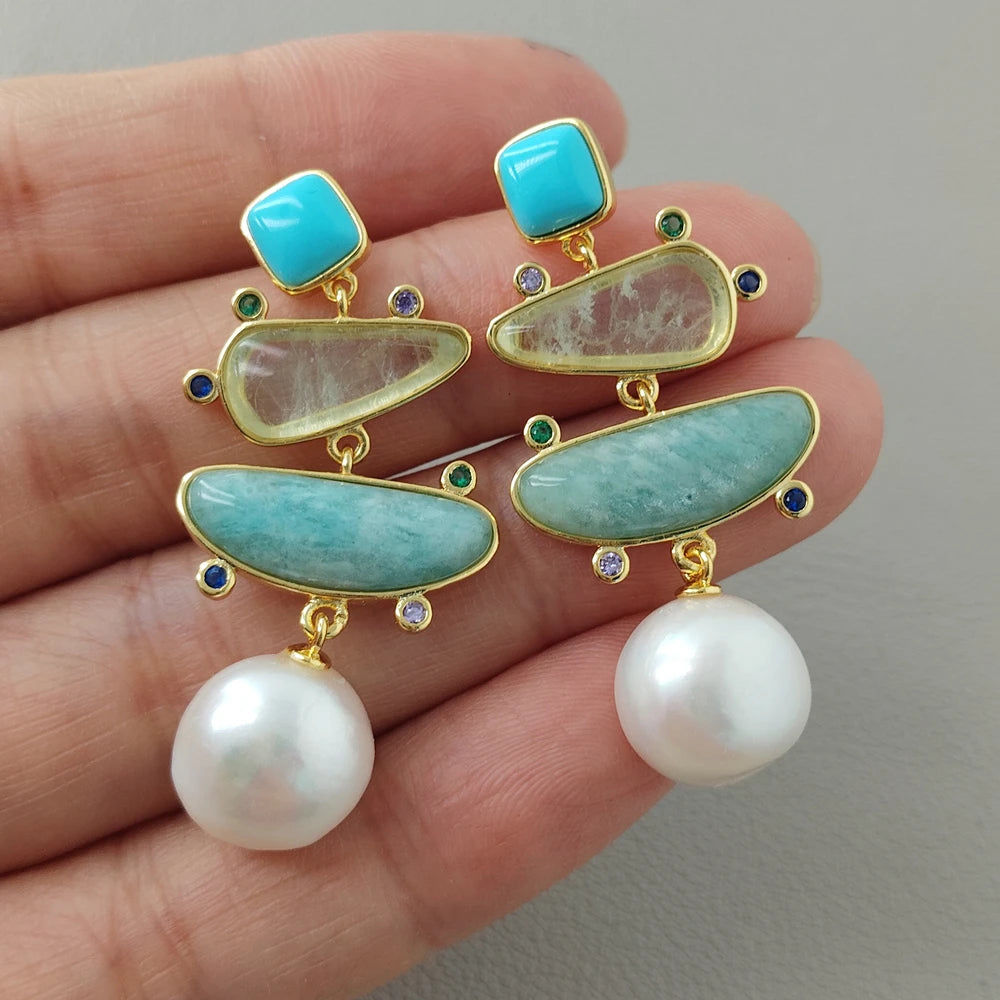 Cultured White Pearl Blue Turquoise Green prehnite Dangle Stud Earrings