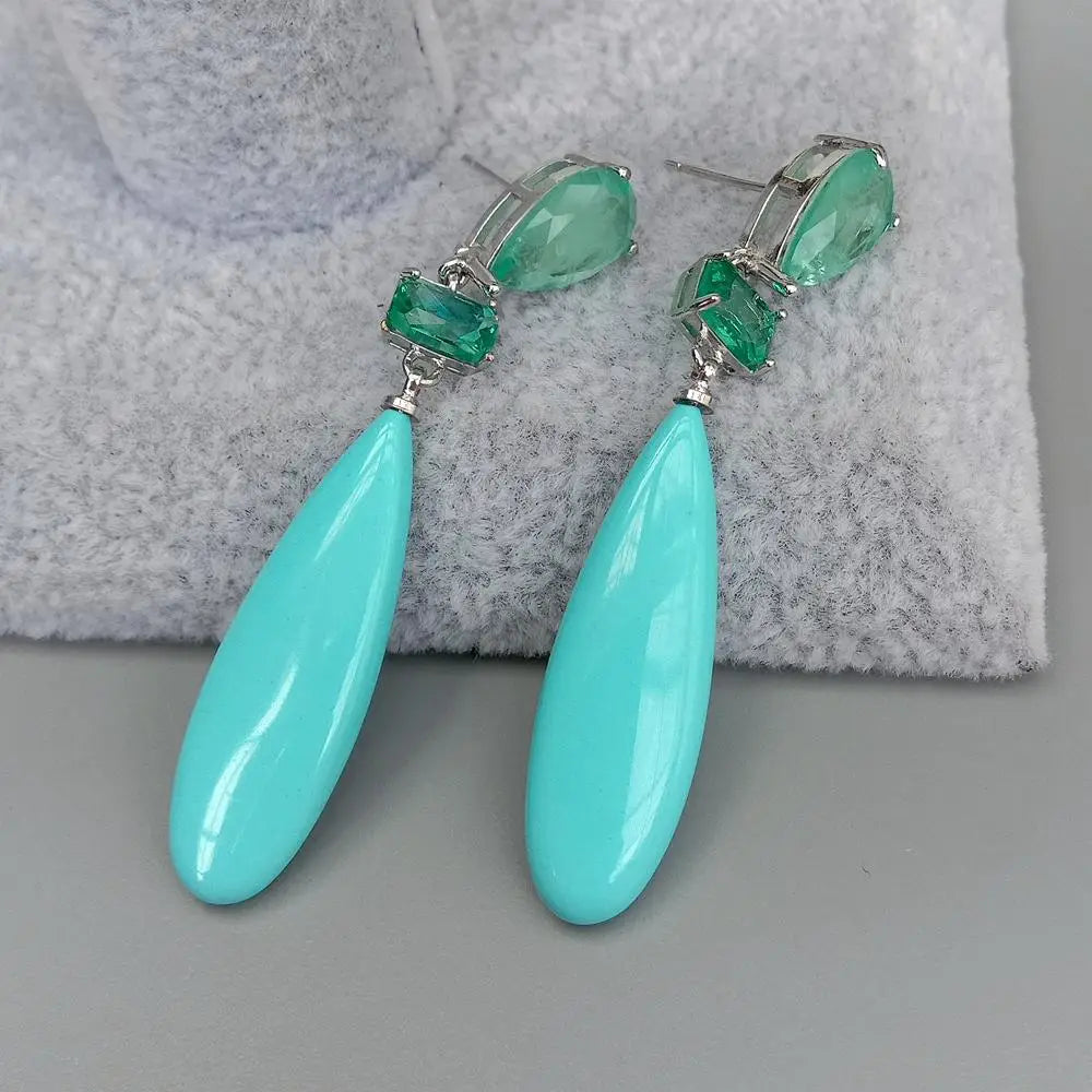 Blue Turquoise teardrop Green Crystal pave  Stud Earrings