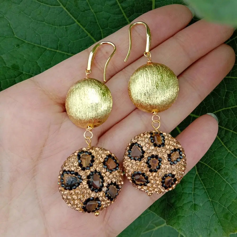 Tiger Eye Crystal Pave Brushed Coin Bead Drop Long Earrings Handmade Jewelry For Women