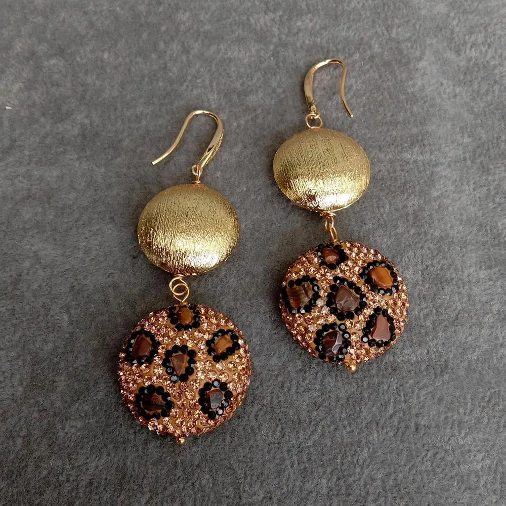 Tiger Eye Crystal Pave Brushed Coin Bead Drop Long Earrings Handmade Jewelry For Women