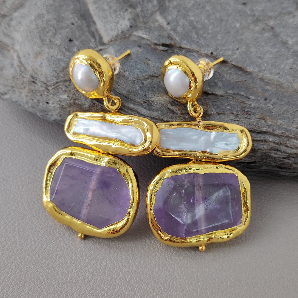 Cultured White Biwa Pearl Amethyst Chunk Stud Drop Earrings Handmade