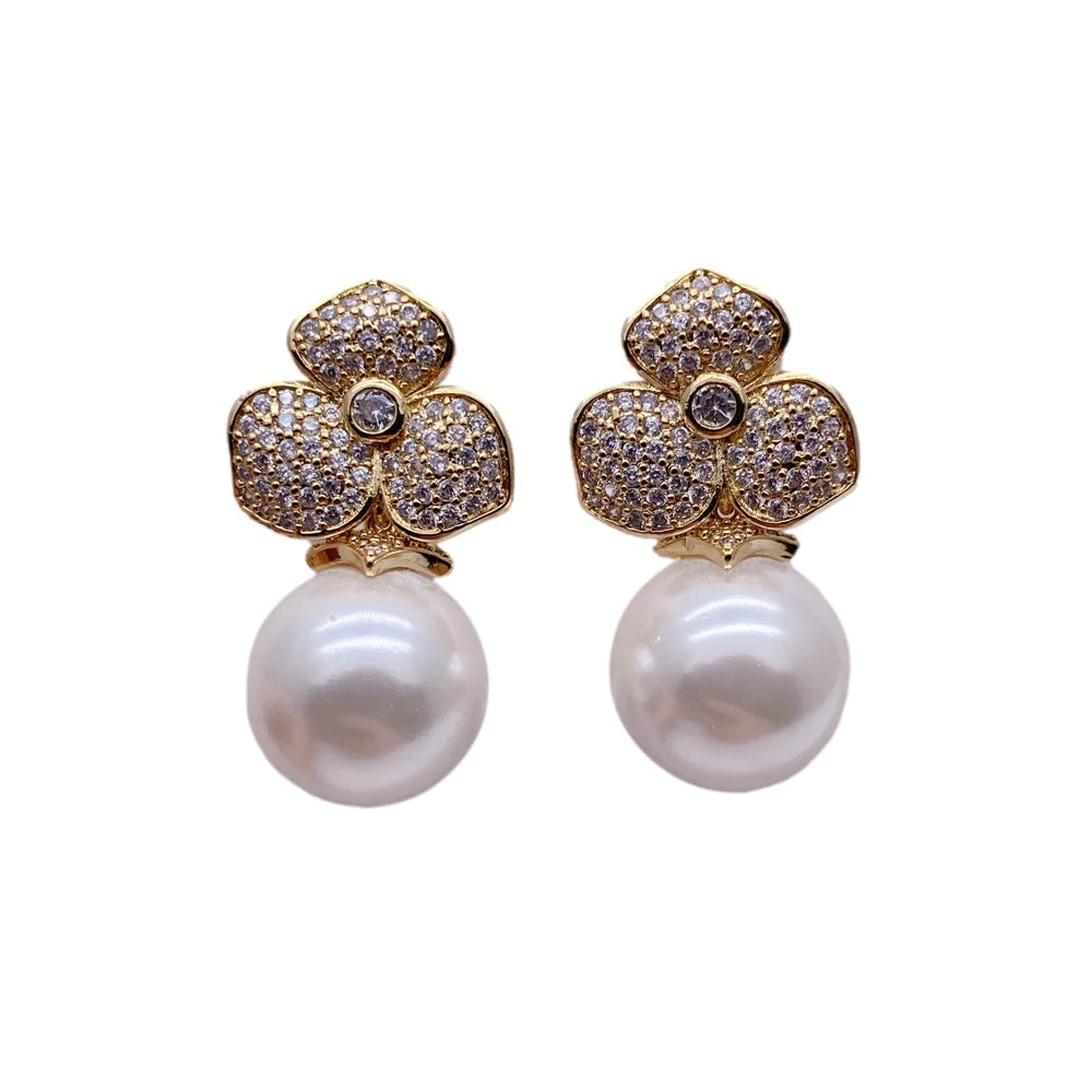 White Sea Shell Pearl Cubic Zirconia Pave Flower Stud Earrings Jewelry For Women Gift