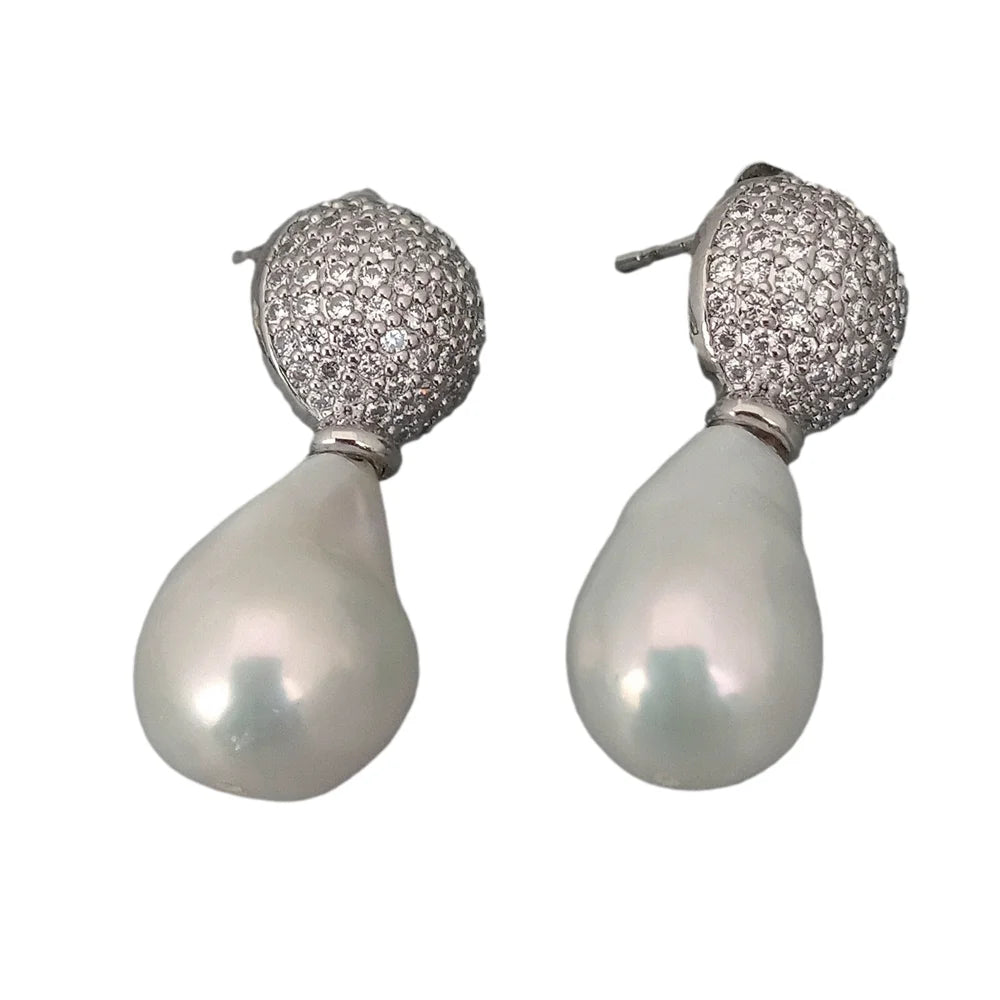 Cultured Freshwater White Baroque Keshi Pearl coin charm Stud Earrings