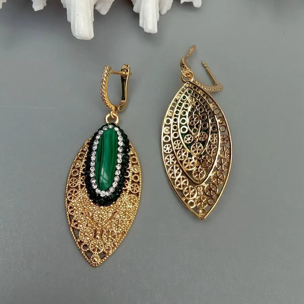 Natural Green Malachite Crystal Pave Dangle Drop Earrings For Women