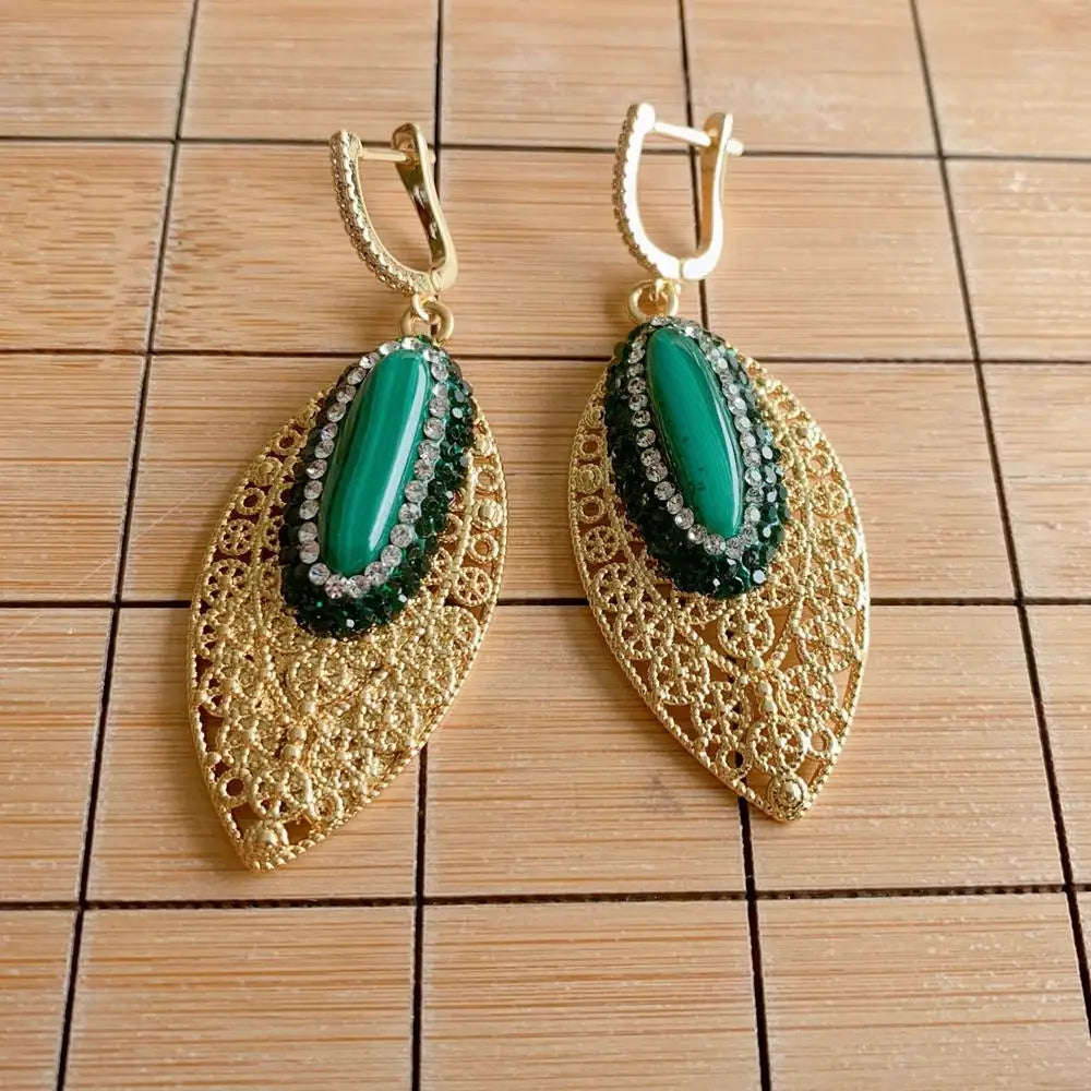 Natural Green Malachite Crystal Pave Dangle Drop Earrings For Women