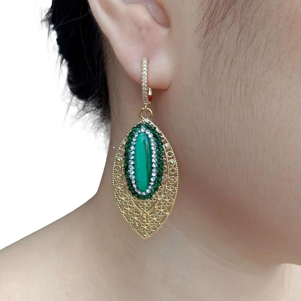 Natural Green Malachite Crystal Pave Dangle Drop Earrings For Women