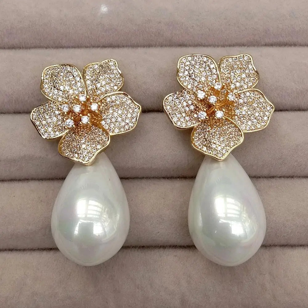 White Sea Shell Pearl Teardrop Shape Drop Earrings Handmade Stud Earring For Women Party Wedding