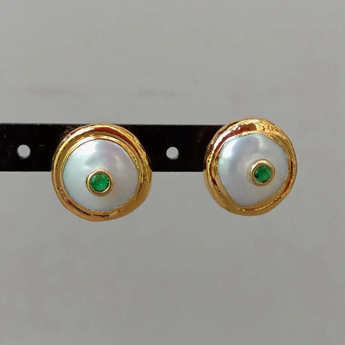 16mm Freshwater White Coin Pearl 24 K Gold Plated Stud Green Cz Earrings