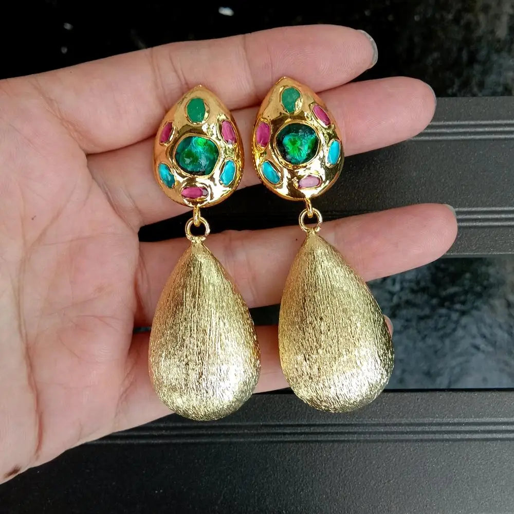 New Big Earrings Green Murano Glass Gold Plated Brushed Teardrop Dangle Stud Earrings
