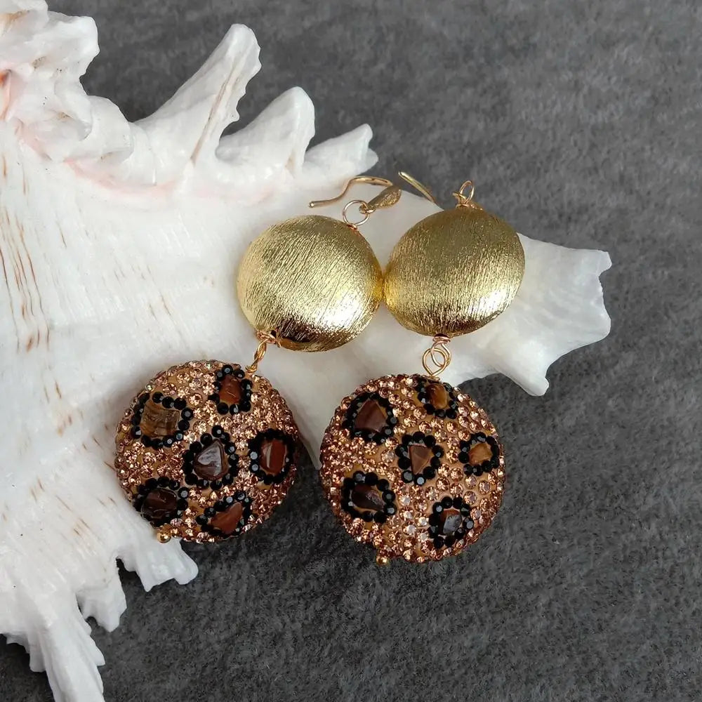 Tiger Eye Crystal Pave Brushed Coin Bead Drop Long Earrings Handmade Jewelry For Women