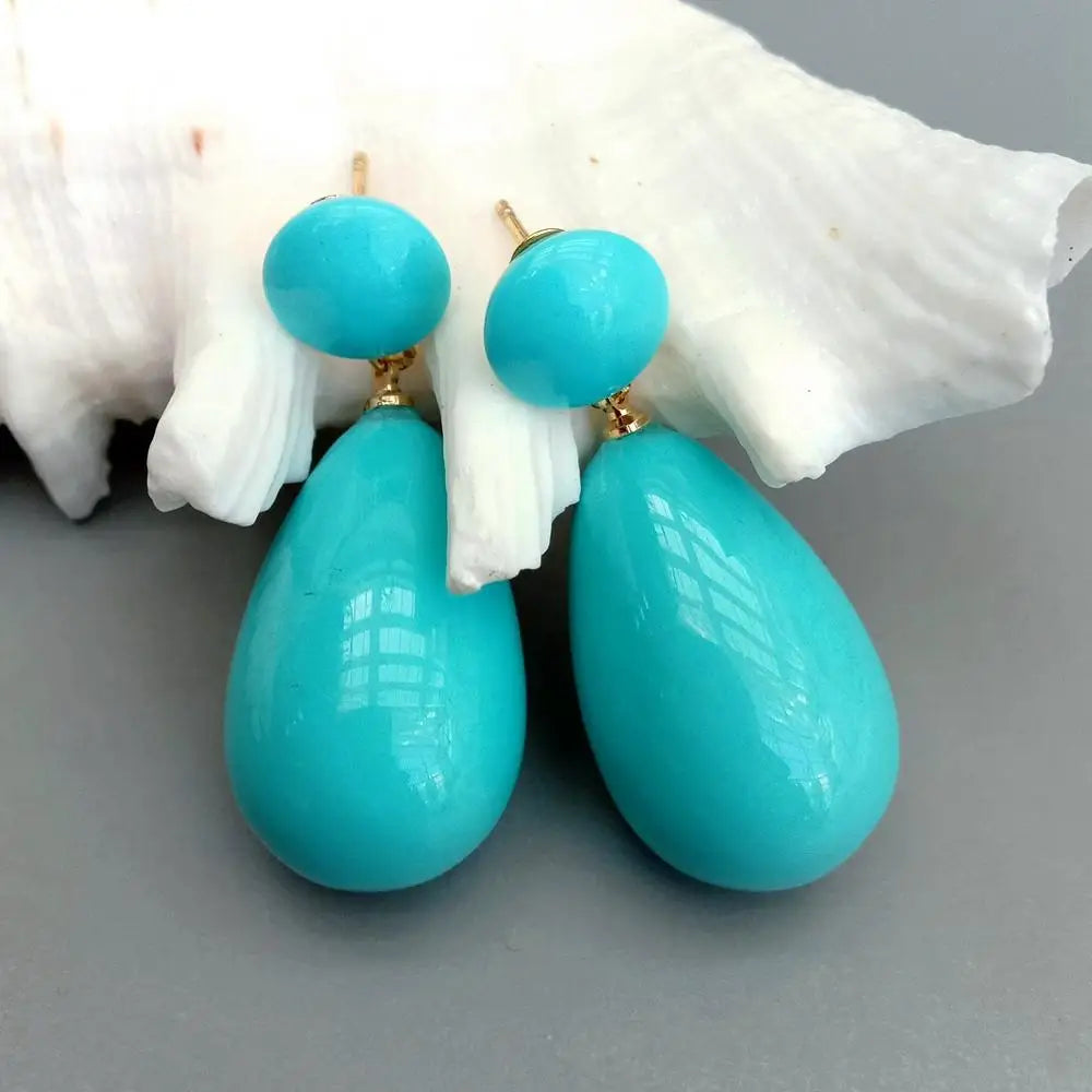 Turquoise Color Mother Of Pearl Long Drop Stud Earrings Gold Plated Jewelry For Women