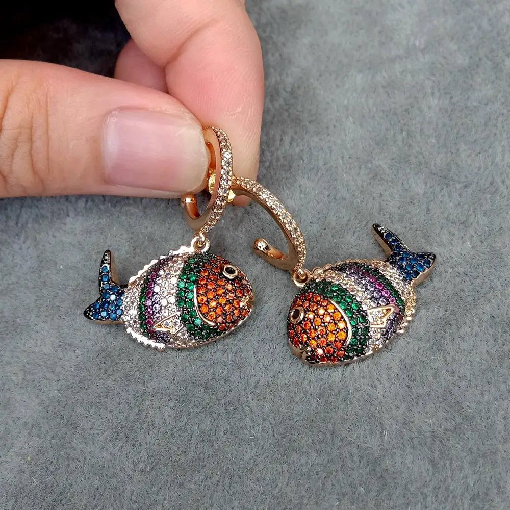 Rainbow Cubic Zirconia Pave Fish Shape Earrings For Women Drop Earrings Elegant Party Wedding Jewelry Gift