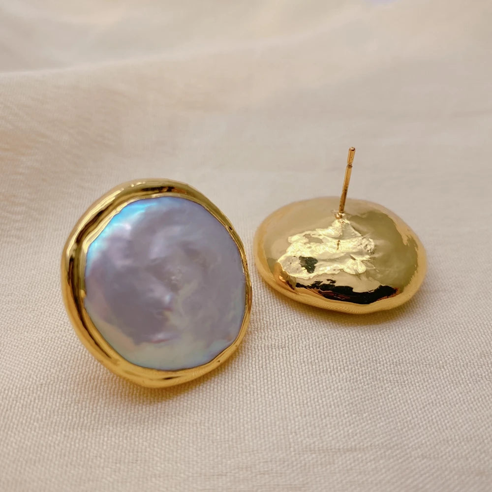 Cultured White Coin Pearl 25mm Big Stud Earrings Wedding Jewelry