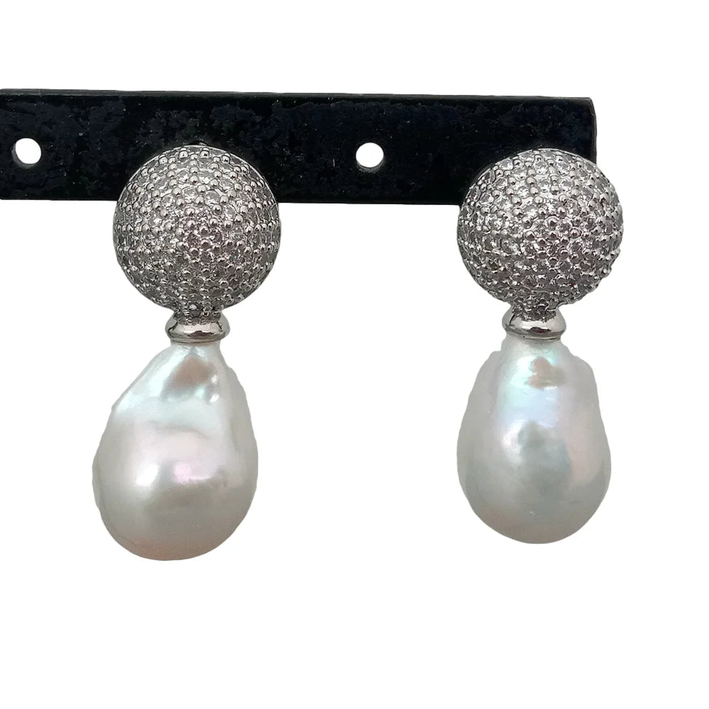 Cultured Freshwater White Baroque Keshi Pearl coin charm Stud Earrings